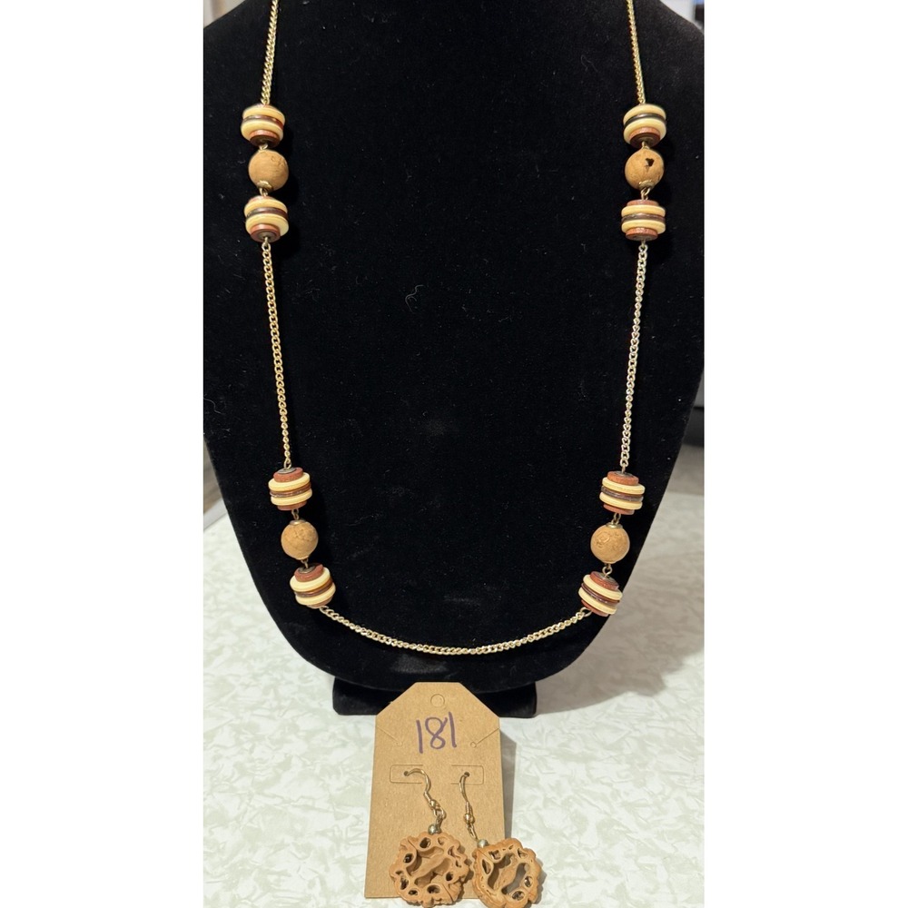 Boho Wooden Look Beaded Necklace Earrings of Same Color 30"